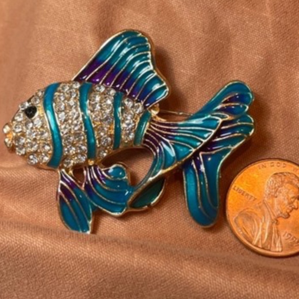 Fish Purple & Teal Enamel Rhinestones Brooch #206051483910